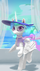Size: 1080x1920 | Tagged: safe, derpibooru import, princess celestia, alicorn, female, hat, looking at you, mare, ocean, smiling, solo, sun hat, water