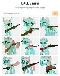 Size: 601x756 | Tagged: safe, derpibooru import, machine learning generated, ocellus, changedling, changeling, artificial intelligence, dall·e mini, gun, rifle, weapon