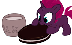 Size: 919x577 | Tagged: safe, artist:decokenite, artist:pstar-base, derpibooru import, fizzlepop berrytwist, tempest shadow, pony, unicorn, chibi, chomp, cookie, cute, female, filly, filly tempest shadow, foal, food, milk, nom, oreo, simple background, smiling, solo, tempestbetes, white background, younger
