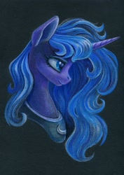 Size: 2410x3399 | Tagged: safe, artist:maytee, derpibooru import, princess luna, alicorn, pony, bust, colored pencil drawing, portrait, profile, solo, traditional art