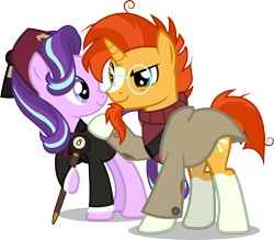 Size: 1508x1323 | Tagged: safe, artist:steampunksalutation, derpibooru import, starlight glimmer, sunburst, pony, unicorn, beard, clothes, cosplay, costume, crossover, duo, facial hair, female, fez, glasses, goatee, gravity falls, hat, male, mare, shipping, simple background, stallion, stanford pines, stanley pines, starburst, straight, suit, sweater, transparent background