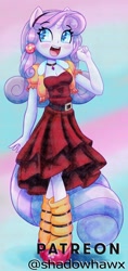 Size: 1804x3824 | Tagged: safe, artist:shadowhawx, derpibooru import, sweetie belle, anthro, unicorn, blushing, breasts, choker, cleavage, clothes, dress, eye clipping through hair, happy, older, open mouth, smiling, solo, sweetie boobs, uvula