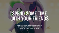 Size: 1280x720 | Tagged: safe, derpibooru import, edit, editor:quoterific, idw, spike, twilight sparkle, unicorn twilight, dragon, pony, unicorn, baby, baby dragon, baby spike, female, how to raise your dragon, male, mare, offscreen character, smiling, solo focus, text, younger