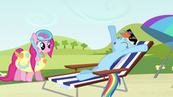 Size: 1280x720 | Tagged: safe, derpibooru import, screencap, pinkie pie, rainbow dash, earth pony, pegasus, pony, too many pinkie pies, ^^, duo, duo female, eyes closed, female, mare, stretching, sunglasses