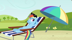 Size: 1280x720 | Tagged: safe, derpibooru import, screencap, rainbow dash, pegasus, pony, too many pinkie pies, female, mare, relaxing, sunglasses