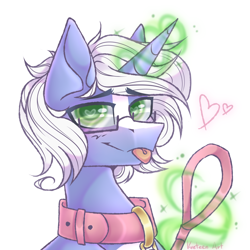 Size: 2900x2900 | Tagged: safe, artist:kreteen art, derpibooru import, oc, oc only, oc:passi deeper, pony, unicorn, blushing, bust, coat markings, collar, colored pupils, eyebrows, eyebrows visible through hair, femboy, glasses, glowing, glowing horn, green eyes, heart, heart eyes, horn, levitation, looking at you, magic, magic aura, male, pet play, portrait, simple background, smiling, solo, stallion, telekinesis, tongue, tongue out, unicorn oc, watermark, white background, wingding eyes