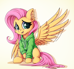 Size: 2772x2601 | Tagged: safe, artist:zeepheru_pone, derpibooru import, fluttershy, pegasus, pony, clothes, cute, daaaaaaaaaaaw, ear fluff, ears, female, full body, high res, hoodie, looking at you, mare, open mouth, open smile, shyabetes, simple background, sitting, smiling, smiling at you, solo, tail, waving, wings