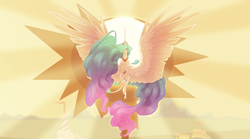 Size: 1500x833 | Tagged: safe, artist:dementra369, derpibooru import, princess celestia, alicorn, pony, cloven hooves, flying, large wings, leonine tail, looking at you, raising the sun, solo, spread wings, tail, wings