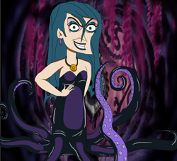 Size: 1832x1667 | Tagged: safe, artist:ocean lover, derpibooru import, queen chrysalis, human, background, cecaelia, disney, disney style, disney villains, ear piercing, earring, elf ears, evil, evil grin, evil lair, eyeshadow, grin, hand on chest, human coloration, humanized, jewelry, lair, long hair, looking at you, makeup, necklace, piercing, scary, sharp teeth, shell, smiling, species swap, teeth, tentacles, the little mermaid, ugly, underwater, ursula, water