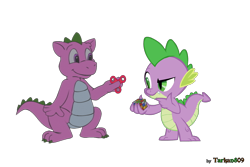 Size: 1440x960 | Tagged: safe, artist:tarkan809, derpibooru exclusive, derpibooru import, spike, spike (g1), dragon, duo, fidget spinner, redraw, rubik's cube, show accurate, simple background, transparent background, vector, watermark