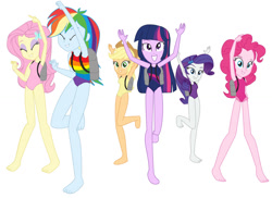 Size: 1280x930 | Tagged: safe, artist:shield-wing1996, derpibooru import, applejack, fluttershy, pinkie pie, rainbow dash, rarity, twilight sparkle, twilight sparkle (alicorn), alicorn, equestria girls, clothes, happy, humane five, humane six, jetpack, leotard, one-piece swimsuit, simple background, swimsuit, white background