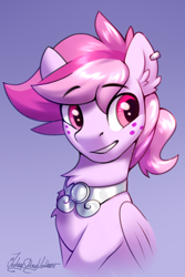 Size: 2000x3000 | Tagged: safe, artist:jedayskayvoker, derpibooru import, oc, oc:higher love, bust, chest fluff, commission, cute, ear fluff, ear piercing, ears, freckles, gradient background, icon, jewelry, male, piercing, portrait, sketch, solo, stallion