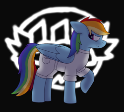 Size: 5000x4500 | Tagged: safe, artist:suidian, derpibooru import, rainbow dash, pegasus, pony, fanfic:rainbow factory, clothes, dark, fanfic art, lab coat, logo, silhouette