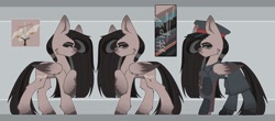 Size: 2560x1127 | Tagged: safe, artist:tttips!, derpibooru import, oc, oc only, oc:vesta, pegasus, armor, belt, black hair, blue eyes, cap, clothes, cutie mark, female, hat, hooves, mare, palette, pegasus oc, red star, reference sheet, simple background, solo, stalliongrad, sword, uniform, weapon