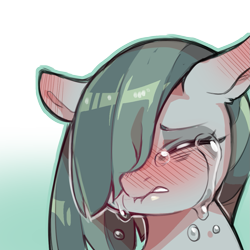 Size: 1159x1159 | Tagged: safe, artist:cold-blooded-twilight, derpibooru import, part of a set, marble pie, earth pony, pony, blushing, bust, crying, ears, eyes closed, female, floppy ears, frown, gradient background, hair over one eye, lip bite, mare, simple background, solo, teeth, transparent background