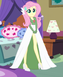 Size: 909x1114 | Tagged: safe, artist:sapphire, derpibooru import, fluttershy, equestria girls, bedroom, clothes, cosplay, costume, female, gardevoir, high heels, long legs, looking at you, pokémon, shoes, smiling, solo