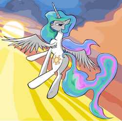 Size: 1280x1267 | Tagged: safe, artist:sallycars, derpibooru import, princess celestia, alicorn, pony, butt, crepuscular rays, female, looking at you, looking back, looking back at you, mare, ms paint, plot, solo, sun