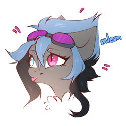 Size: 1000x1000 | Tagged: safe, artist:marlowws, derpibooru import, oc, oc only, pony, bust, colored eyebrows, goggles, goggles on head, heterochromia, mlem, oc name needed, portrait, silly, slit eyes, solo, tongue, tongue out