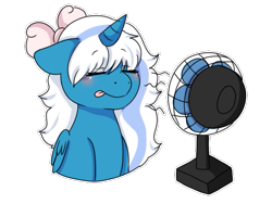 Size: 545x410 | Tagged: safe, artist:cute-little-star97, derpibooru import, oc, oc only, oc:fleurbelle, alicorn, pony, alicorn oc, blushing, bow, breeze, ears, electric fan, eyebrows, eyebrows visible through hair, eyes closed, female, floppy ears, folded wings, hair bow, horn, mare, outline, panting, simple background, solo, tongue, tongue out, transparent background, white outline, wings