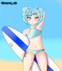 Size: 2307x2661 | Tagged: safe, artist:papery xlp, derpibooru import, cozy glow, human, arm behind head, armpits, belly button, bikini, clothes, cutie mark on human, female, humanized, looking at you, solo, surfboard, swimsuit