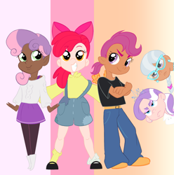 Size: 1777x1792 | Tagged: safe, artist:aztrial, derpibooru import, apple bloom, diamond tiara, scootaloo, silver spoon, sweetie belle, human, boots, braided ponytail, clothes, cutie mark crusaders, dark skin, diamond tiara is not amused, eyeshadow, glasses, human coloration, humanized, jeans, loose fitting clothes, makeup, mary janes, mismatched socks, overalls, pants, ponytail, shirt, shoes, silver spoon is not amused, skirt, socks, sweater, t-shirt, tan skin, tomboy, unamused