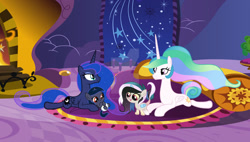 Size: 1024x582 | Tagged: safe, artist:velveagicsentryyt, derpibooru import, princess celestia, princess luna, oc, oc:moonlight sonata, oc:mysterilestia, alicorn, hybrid, pony, base used, interspecies offspring, lying down, offspring, parent:discord, parent:king sombra, parent:princess celestia, parent:princess luna, parents:dislestia, parents:lumbra, prone