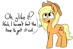Size: 1998x1351 | Tagged: safe, artist:pinkberry, derpibooru import, applejack, earth pony, pony, alternate hairstyle, colored sketch, cute, doodle, female, jackabetes, loose hair, mare, simple background, speech, speech bubble, talking, text, white background