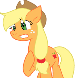 Size: 712x727 | Tagged: safe, artist:cmara, derpibooru import, applejack, earth pony, pony, applejack's hat, clothes, cowboy hat, female, freckles, gritted teeth, hat, mare, raised hoof, raised leg, simple background, teeth, white background