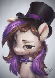 Size: 766x1080 | Tagged: safe, artist:assasinmonkey, derpibooru import, oc, oc only, oc:bowtie, earth pony, pony, earth pony oc, eyelashes, hat, necktie, signature, smiling, solo, top hat