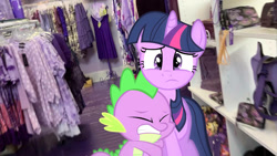 Size: 1192x670 | Tagged: safe, edit, editor:undeadponysoldier, photographer:undeadponysoldier, spike, twilight sparkle, twilight sparkle (alicorn), alicorn, dragon, pony, disturbed, dragons in real life, edited photo, female, gift shop, indoors, male, mare, myrtle beach, ponies in real life, purpleologist, scared, shop, summer, vacation
