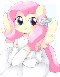 Size: 1334x1723 | Tagged: safe, artist:ginmaruxx, artist:kuzuyukuro, derpibooru import, fluttershy, pegasus, pony, blushing, clothes, dress, female, flower, flower in hair, hairpin, looking at you, mare, simple background, smiling, smiling at you, solo, spread wings, wedding dress, white background, wings