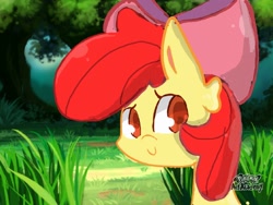 Size: 640x480 | Tagged: safe, artist:pikasathewaifu, derpibooru import, apple bloom, earth pony, pony, female, filly, foal, forest, looking at you, pokemon art academy, smiling, solo, tree