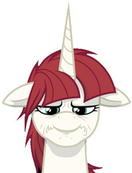 Size: 305x400 | Tagged: safe, derpibooru import, oc, oc only, oc:fausticorn, alicorn, pony, bust, ears, female, floppy ears, frown, horn, lauren faust, mare, simple background, unamused, white background