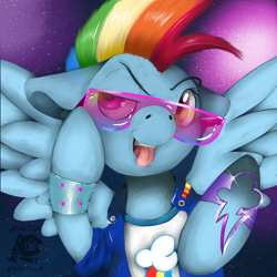 Size: 3000x3000 | Tagged: safe, artist:valemjj, derpibooru import, rainbow dash, pegasus, pony, clothes, ears, floppy ears, open mouth, punk, solo, sunglasses, tongue, tongue out, wristband