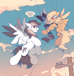 Size: 2700x2800 | Tagged: safe, artist:mirtash, artist:velsea, derpibooru import, oc, oc only, oc:keji, oc:mirta whoowlms, pegasus, pony, clothes, duo, scarf, striped scarf, tangled up, telephone pole