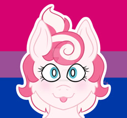 Size: 1280x1195 | Tagged: safe, artist:cherrycandi, derpibooru import, oc, oc only, oc:candy care, pegasus, pony, bisexual pride flag, blushing, bust, cheek fluff, cute, deviantart watermark, female, front view, icon, obtrusive watermark, ponytail, portrait, pride, pride flag, solo, tongue, tongue out, watermark, wingless
