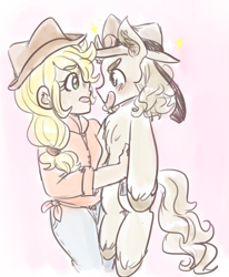 Size: 1171x1419 | Tagged: safe, artist:mimiporcellini, derpibooru import, applejack, earth pony, human, pony, chest fluff, colored sketch, crossover, crossover shipping, female, fluffy, hol horse, holding a pony, holjack, humanized, interspecies, jojo's bizarre adventure, male, ponified, role reversal, shipping, species swap, stallion, straight, unshorn fetlocks
