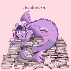 Size: 1080x1080 | Tagged: safe, artist:anoraknr, derpibooru import, twilight sparkle, draconequus, book, book nest, bookhorse, bookworm, bookwyrm, draconequified, emanata, forked tongue, looking at you, pile of books, pink background, pun, simple background, solo, species swap, that pony sure does love books, tongue, tongue out, twikonequus, visual pun