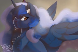 Size: 2048x1376 | Tagged: safe, artist:mikkybun, derpibooru import, princess luna, alicorn, pony, ear fluff, ears, ethereal mane, female, jewelry, regalia, solo