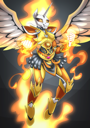 Size: 2171x3070 | Tagged: safe, artist:mysticalpha, derpibooru import, daybreaker, alicorn, anthro, armor, armor skirt, female, grin, high res, mane of fire, skirt, smiling, solo, spread wings, wings