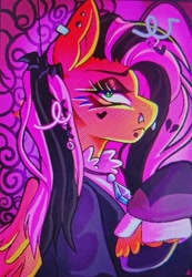 Size: 1045x1510 | Tagged: safe, artist:arcadeichu, derpibooru import, fluttershy, pegasus, pony, clothes, ear piercing, female, fluttergoth, goth, hair accessory, lip piercing, nose piercing, piercing, snake bites, solo