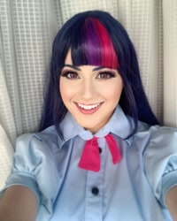 Size: 1080x1350 | Tagged: safe, artist:sarahndipity cosplay, derpibooru import, edit, twilight sparkle, human, equestria girls, artificial intelligence, clothes, cosplay, costume, faceapp, irl, irl human, photo, solo