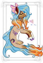 Size: 1280x1840 | Tagged: safe, artist:daynaskully, derpibooru import, oc, oc only, hybrid, merpony, seapony (g4), dorsal fin, eyes closed, female, fins, fish tail, flowing tail, heart, mare, mermay, ribbon, simple background, smiling, solo, tail, unshorn fetlocks, white background