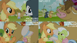 Size: 1280x720 | Tagged: safe, derpibooru import, edit, edited screencap, editor:quoterific, screencap, applejack, granny smith, rarity, cow, earth pony, pony, unicorn, it isn't the mane thing about you, season 7, applejack's hat, clothes, cowboy hat, eating, eyes closed, female, hat, mare, open mouth, open smile, smiling, text