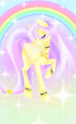 Size: 770x1251 | Tagged: safe, artist:stacy_165cut, derpibooru import, fluttershy, pegasus, pony, eyes closed, female, folded wings, mare, rainbow, raised hoof, raised leg, solo, wings