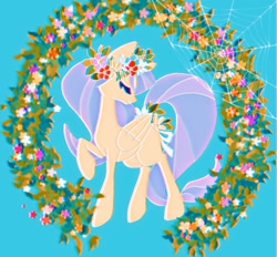 Size: 1200x1115 | Tagged: safe, artist:stacy_165cut, derpibooru import, fluttershy, pegasus, pony, blue background, eyes closed, female, flower, folded wings, mare, plant, raised hoof, raised leg, simple background, solo, spider web, wings