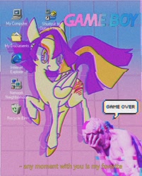 Size: 1080x1342 | Tagged: safe, artist:stacy_165cut, derpibooru import, oc, oc only, pegasus, pony, dialogue, female, folded wings, game boy, mare, raised hoof, raised leg, solo, subtitles, vaporwave, windows, windows 98, wings