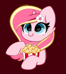 Size: 3152x3549 | Tagged: safe, artist:kittyrosie, derpibooru import, oc, oc only, oc:rosa flame, pony, unicorn, eating, eyelashes, female, flower, flower in hair, food, high res, horn, mare, maroon background, popcorn, signature, simple background, smiling, solo, two toned mane, unicorn oc