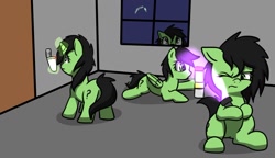 Size: 1398x807 | Tagged: safe, artist:neuro, derpibooru import, oc, oc only, oc:anon filly, earth pony, pegasus, pony, unicorn, butt, female, filly, flashlight (object), foal, levitation, magic, multeity, phasmophobia, plot, self paradox, self ponidox, telekinesis