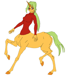 Size: 754x866 | Tagged: safe, alternate version, artist:cdproductions66, artist:nypd, derpibooru import, oc, oc only, oc:honey nevaeh, centaur, monster girl, taur, alternate hairstyle, base used, breasts, centaurified, clothes, female, full body, glasses, green eyes, green hair, hooves, horn, human head, missing accessory, missing cutie mark, ponytail, raised hoof, raised hooves, raised leg, reasonably sized breasts, simple background, smiling, solo, sweater, transparent background, turtleneck, unicorn horn, unitaur
